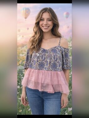 Curated Chaos By Chan Boho Paisley Off-Shoulder Top with Pink Tulle Ruffle